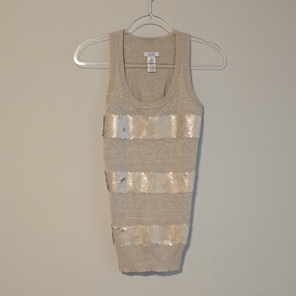 Cache Metallic Knit Top in Silver and Cream